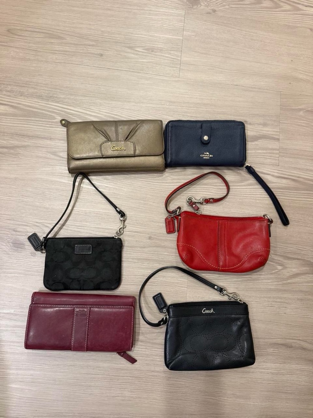 Coach bundle of 6 Small Wristlet and wallet in Red, Black, Navy, Gold, Burgundy